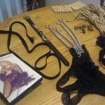 Kinky toys: fishnet body stocking, leash, collar, chains, clothespins, locks, rope, cuffs and crotchless panties.